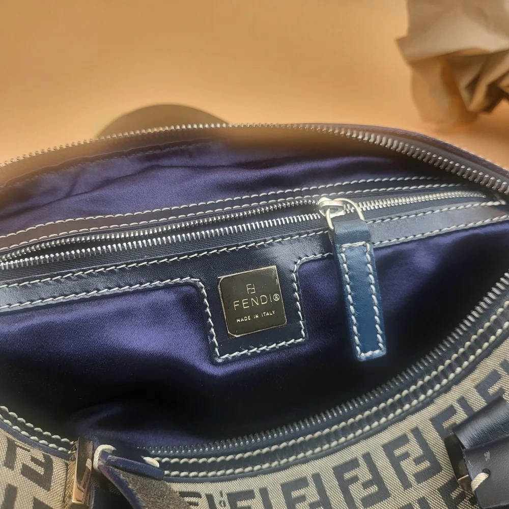 FENDI Zucchino FF Canvas Leather Boston 30 HandBag Navy..Authentic...W/COA.